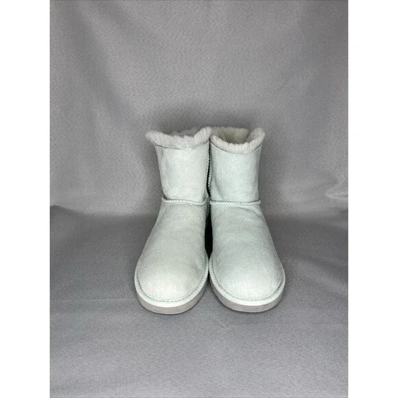 Womens Ugg Boots Sz 8 Ice Blue Bailey Bow Mini Suede Sherpa Coquette Festival - Picture 2 of 13